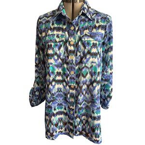 Ruby Rd. Petite Button-Up Tunic Top 10P Blue & Green Abstract Print 3/4 Sleeves